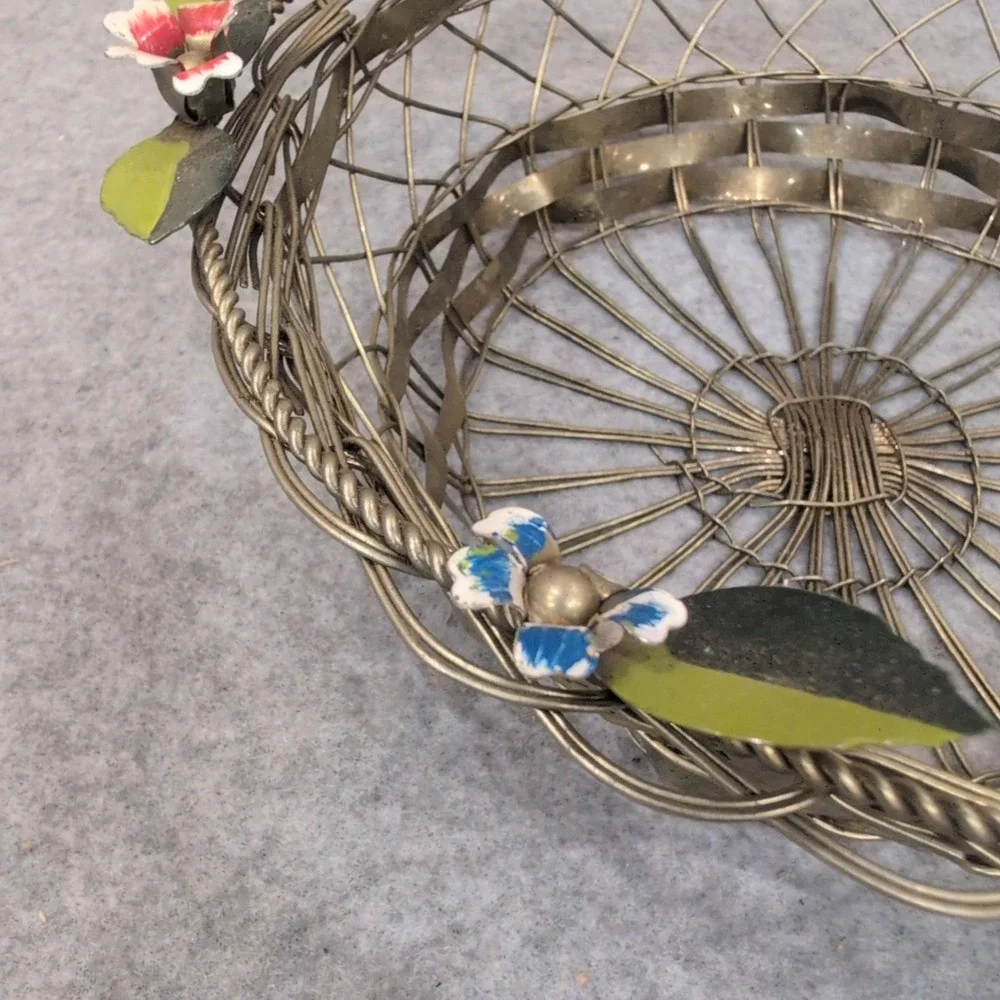 Vintage Silver Tone Woven Wire Basket with Enameled Flowers and Swing Handle